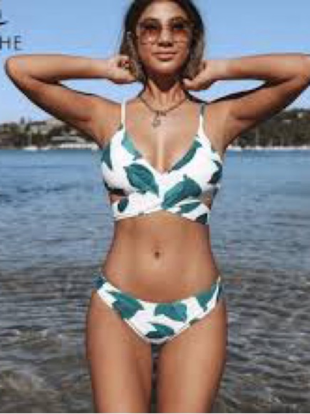 Cupshe Leaf-Print White and Green/Turquoise Bikini Wrap Top with Bottom